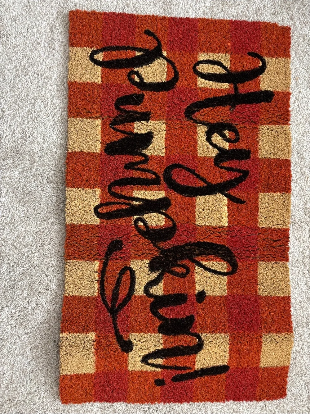 Autumn Greetings Plaid Doormat in Orange and Cream